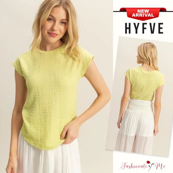 HYFVE Textured Design Round Neckline Cap Sleeves Casual Knit Top | Neon Yellow - Picture 1 of 5